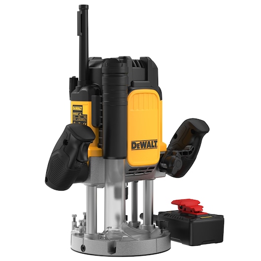 DEWALT router tool with handles and a detachable battery, yellow and black, front view.
