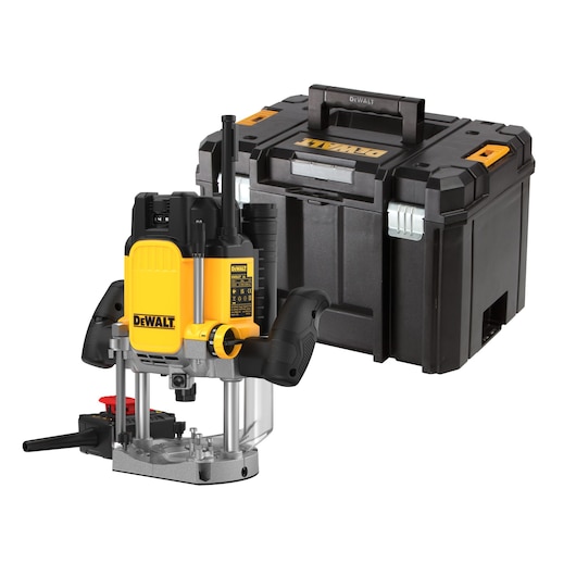 DEWALT router tool with yellow body and black handles shown next to a sturdy black carrying case.