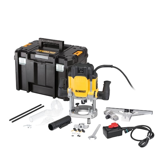 DEWALT router kit with black case, power tool, accessories, wrench and cable set arranged on a white background.