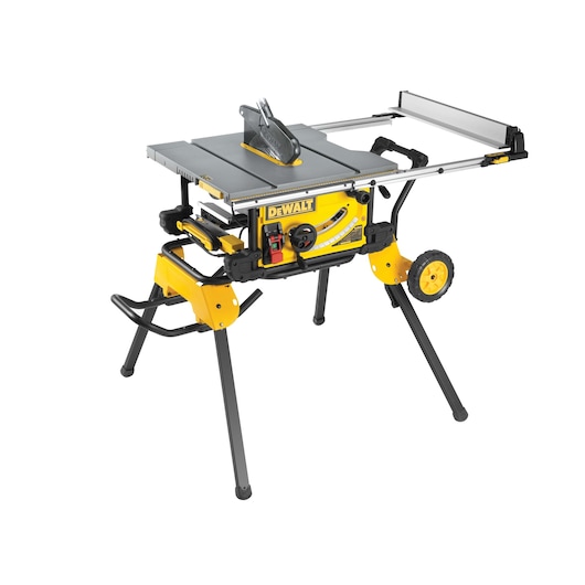Yellow DEWALT table saw with metal stand and wheels for portability, shown against a white background.