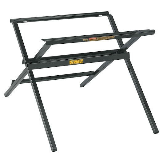 Foldable black DEWALT stand designed for supporting tools, with angled legs and sturdy frame.