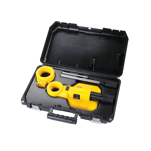 A yellow DEWALT tool with attachments and metal rods in a black hard plastic carrying case with handle and latches.