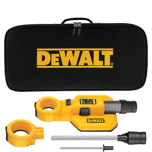 DEWALT dust collection attachment kit including a black carrying case with yellow DEWALT logo, a yellow dust collection attachment, additional ring attachments, connector rods, and a nozzle.