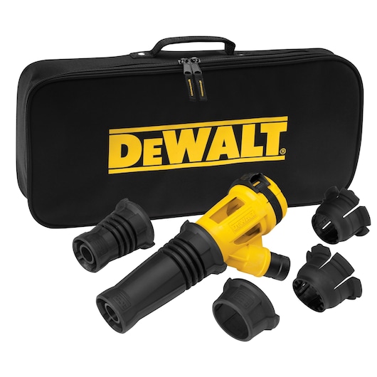 DEWALT dust extraction kit with attachments and a zippered carrying case, shown on a white background.