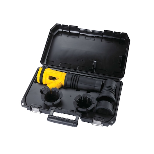 DEWALT DWH051 dust extractor kit in a black case with attachments, used for drilling and construction.