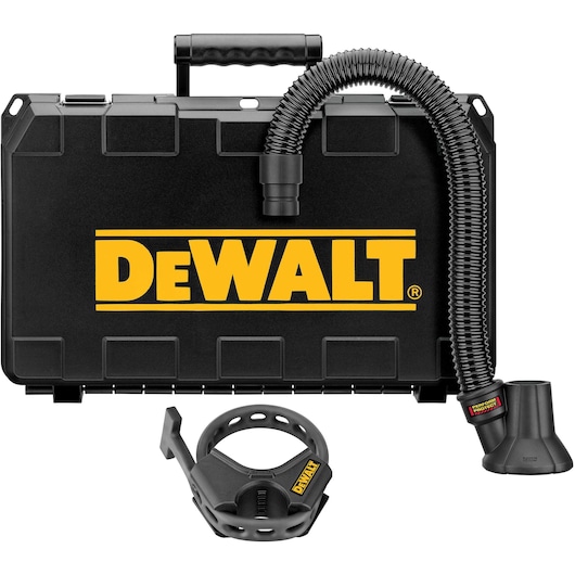 DEWALT DWH052K dust extraction system shown with a black carrying case, flexible hose, and attachment accessories.