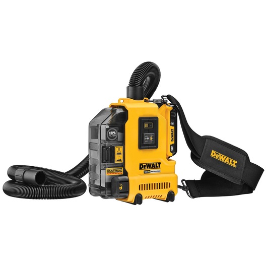 DEWALT portable dust extractor with HEPA filter, black hose, and shoulder strap, model DWH161D1.