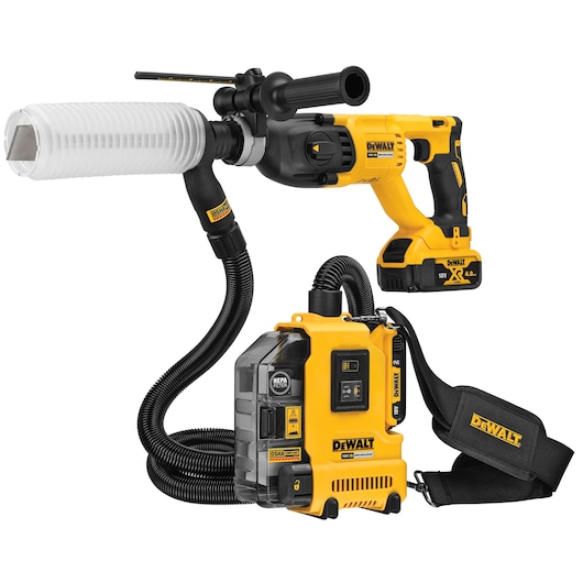 DEWALT DWH161D1 cordless dust extractor with hose and shoulder strap, designed for use with power tools.