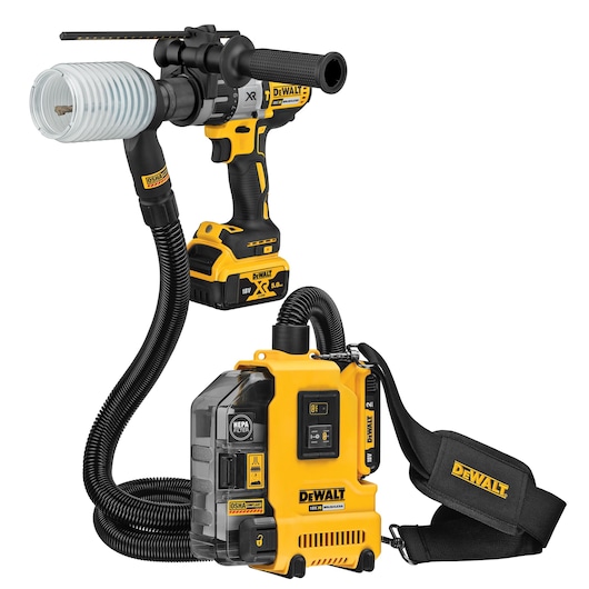 DEWALT cordless drill with dust extraction unit and hose, yellow and black, model DWH161D1.