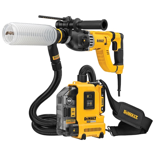 DEWALT dust extractor tool with hose and HEPA filter, shown with drill attachment and yellow/black design.