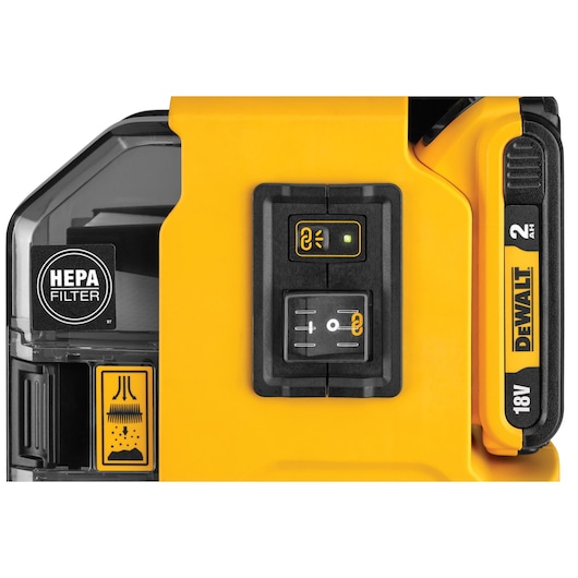 Close-up of DEWALT DWH161D1 device showing HEPA filter, control buttons, and battery markings.