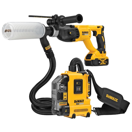 DeWalt cordless dust extraction system with vacuum, hose, filter and drill attachment in yellow and black.