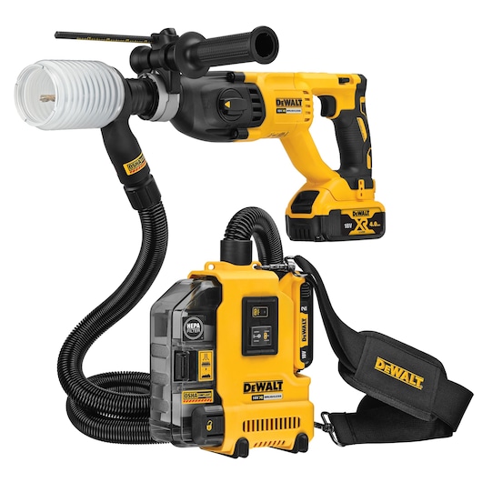 DEWALT cordless dust extractor and drill set with hose and HEPA filter for jobsite use.