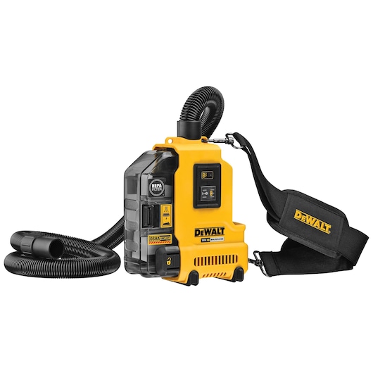 Yellow DEWALT portable dust extractor with hose and shoulder strap, HEPA filter visible on side.