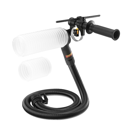 DEWALT dust extraction attachment with flexible hose and handle for drill debris control.
