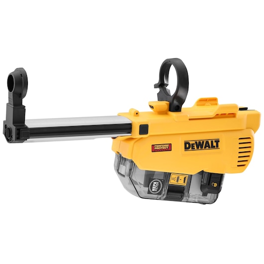DEWALT DWH205DH yellow dust extraction attachment with clear collection chamber for drills.