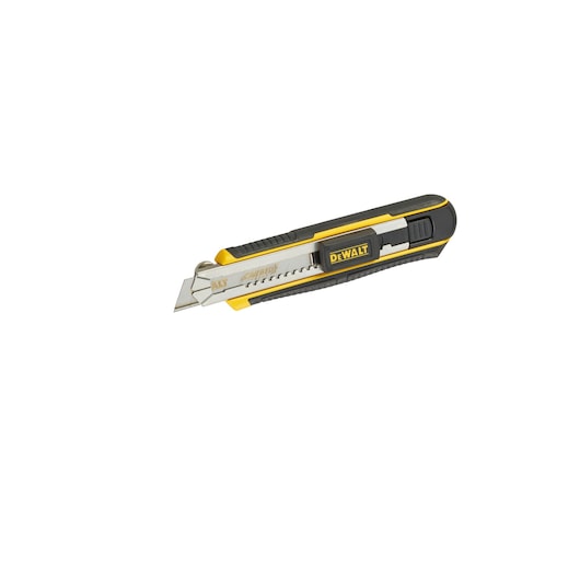 DEWALT snap-off utility knife with black and yellow handle, retractable blade for cutting tasks.