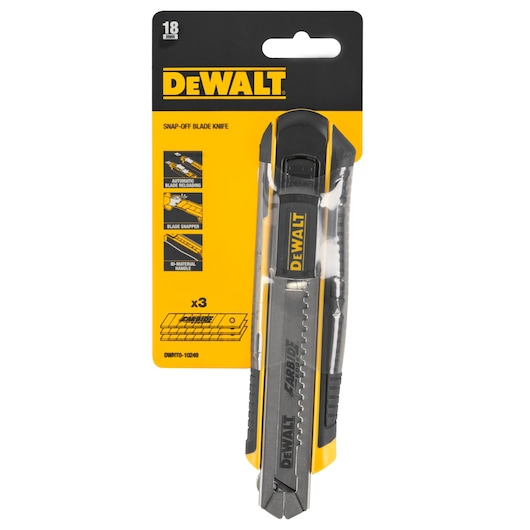 DEWALT snap-off blade knife in its original packaging, showing features such as automatic blade reloading, blade snapper, and bi-material handle. The package contains three extra blades and is marked with the model number DWHT0-10249.