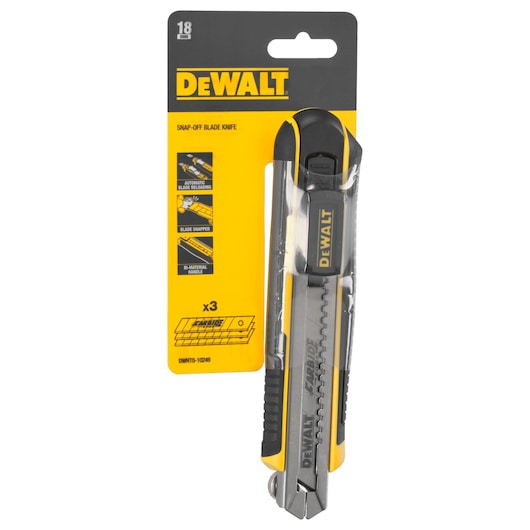 DEWALT snap-off blade knife in retail packaging. The knife has a black and yellow bi-material handle and includes three blades, as indicated on the packaging. Features highlighted are automatic blade reloading, blade snapper, and durable construction.