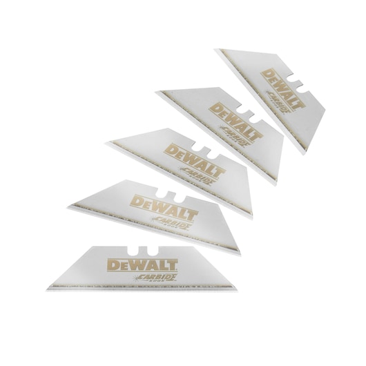 Five DEWALT branded utility knife blades with carbide edges, arranged in a staggered pattern on a white background.