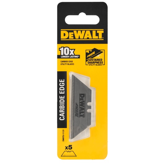 A package of DEWALT carbide edge utility blades, model DWHT0-11131, containing five blades. The packaging is yellow and black, highlighting that the blades last 10 times longer and offer sustained sharpness.
