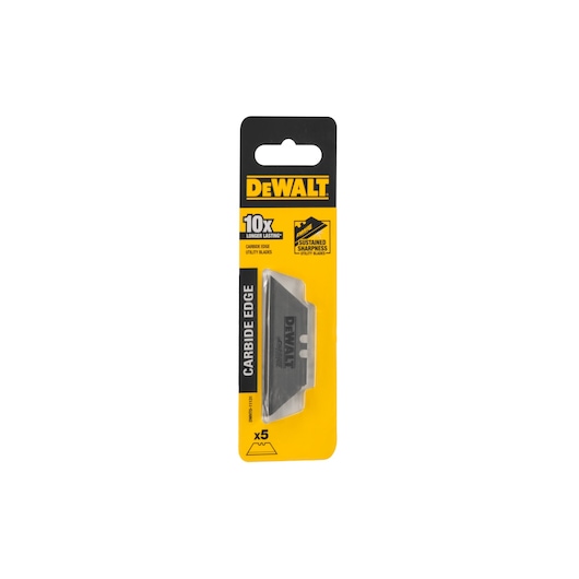 Pack of DEWALT Carbide Edge utility blades (SKU: DWHT0-11131), containing 5 blades. The packaging is mostly yellow and black, and features text stating the blades are 10 times longer lasting and offer sustained sharpness.