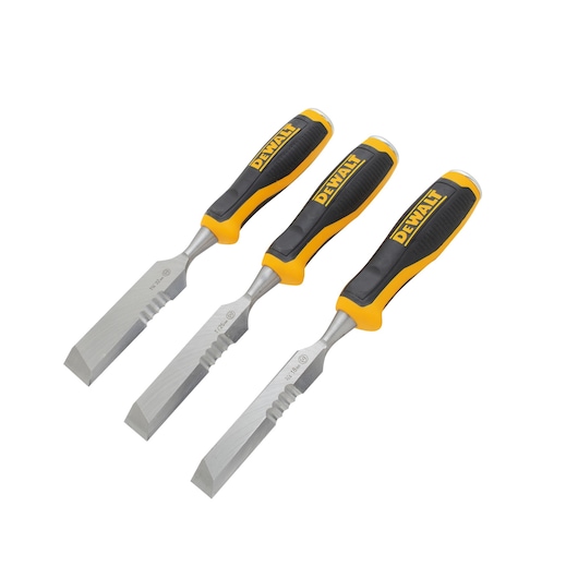 Three DEWALT woodworking chisels with yellow and black handles are arranged on a white background.