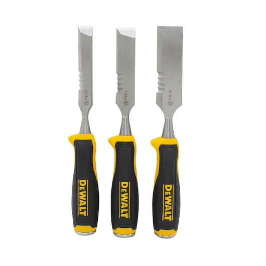 Three DEWALT chisels with black and yellow handles, arranged upright side by side on a white background.