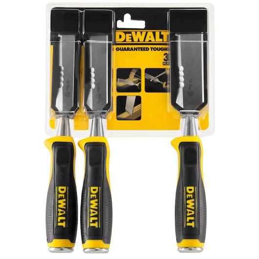 A set of three DEWALT woodworking chisels with black and yellow handles in retail packaging. The chisels are displayed side by side, with the DEWALT logo visible on each handle.