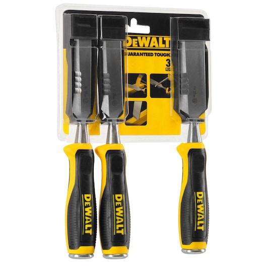 A set of three DEWALT chisels with black and yellow handles, packaged in a plastic blister pack with branded backing.