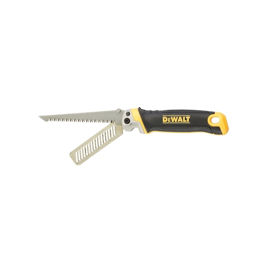 DEWALT folding saw with dual blades and a black-yellow handle, shown open on a white background.