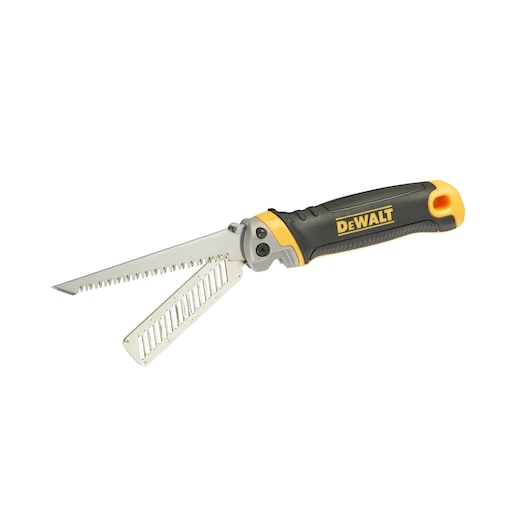 DEWALT folding hand saw with two open blades, black and yellow ergonomic handle, suitable for cutting tasks.