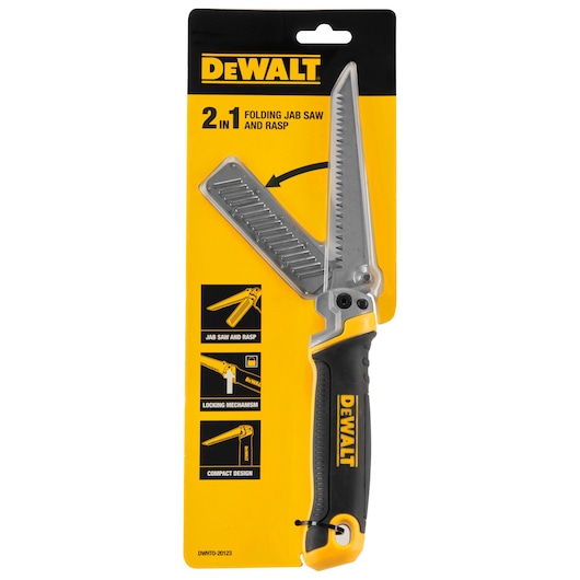 DEWALT 2-in-1 folding jab saw and rasp in its original yellow and black packaging. The tool has a black and yellow handle and features a foldable saw blade and rasp. The packaging highlights its compact design, locking mechanism, and dual function.
