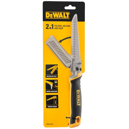 DEWALT 2-in-1 folding jab saw and rasp in packaging, featuring a black and yellow handle and two folding blades. The product is shown against a yellow DEWALT branded card with information about its jab saw and rasp functionality, locking mechanism, and compact design.