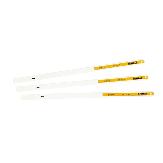 Three DEWALT bi-metal hacksaw blades with yellow ends and different teeth per inch ratings.