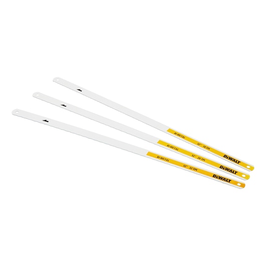 Three DEWALT bi-metal hacksaw blades with yellow ends, each labeled with blade specifications.