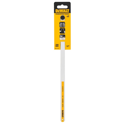 DEWALT bi-metal hacksaw blade, 12 inches (300 mm) in length, shown in retail packaging with yellow and black branding. Includes information about compatibility and quantity (set of 3 blades).