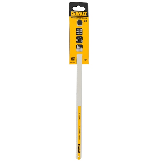 DEWALT 300 mm (12 inch) hacksaw blade in retail packaging, featuring product information including guaranteed toughness and compatibility with different blade sizes.