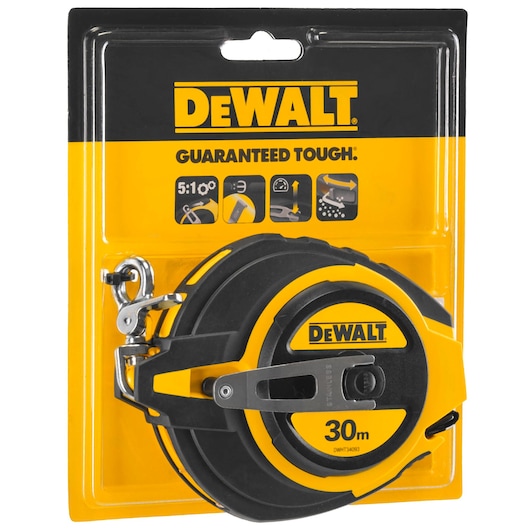 Packaged DEWALT 30 meter measuring tape reel with yellow and black casing, model DWHT0-34093, displayed in retail packaging.