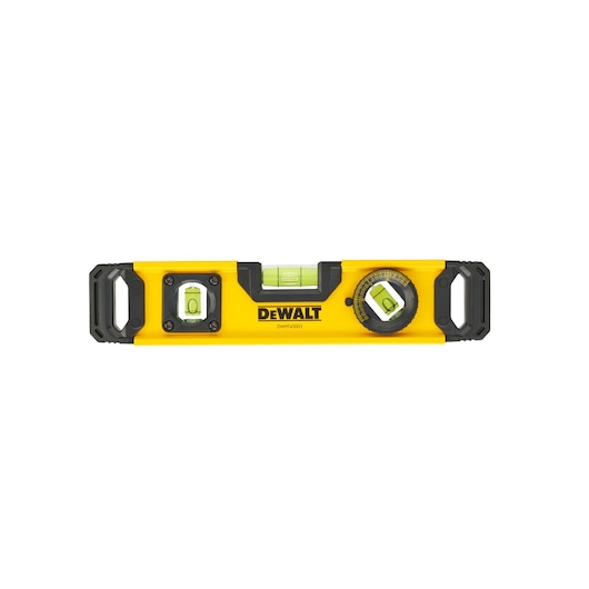 DEWALT DWHT0-43003 yellow level tool with three bubble vials and black handles, front view.