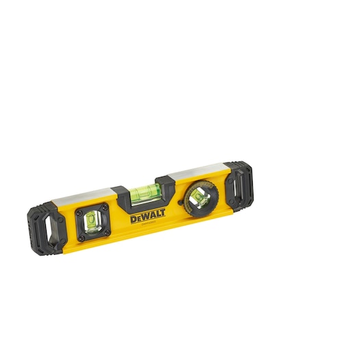 Yellow DEWALT spirit level with three vials and rubber end caps, DWHT0-43003 model.
