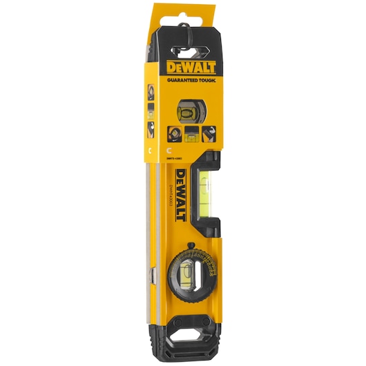 DEWALT DWHT0-43003 yellow and black torpedo level tool in its packaging, featuring multiple bubble vials and a rotating angle dial for precise measurements.