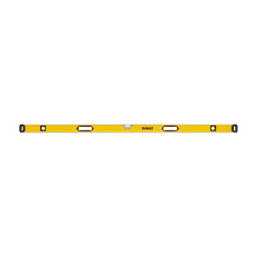 A yellow DEWALT spirit level with three bubble vials and two hand grips, designed for measuring straightness and level surfaces.