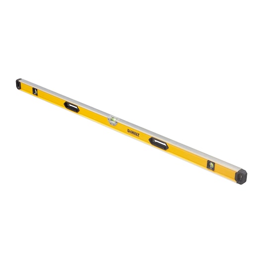 A yellow and silver DEWALT spirit level with three bubble vials and two black handles, designed for precise leveling tasks.