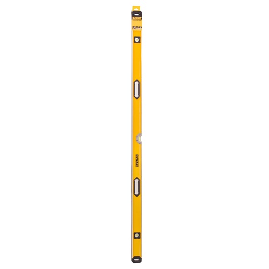 A yellow DEWALT spirit level tool with black accents, featuring three bubble vials for leveling, shown in a vertical position on a white background.