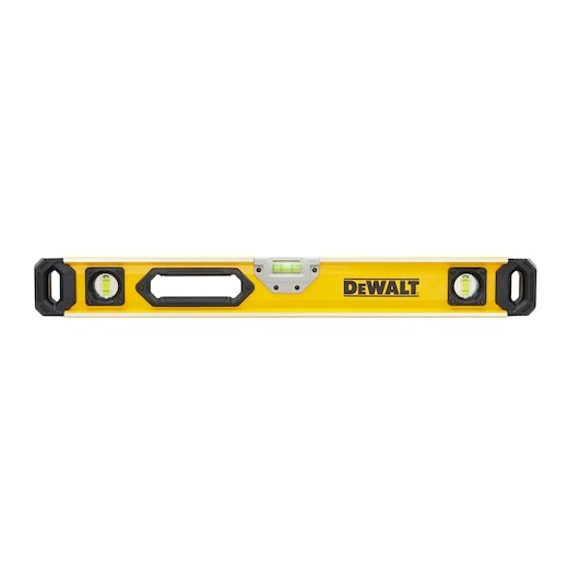 A yellow DEWALT spirit level with three bubble vials and a handle, designed for precise leveling and measurement.
