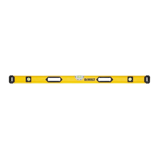 A yellow DEWALT spirit level with three vials and two grip handles, suitable for precision leveling.