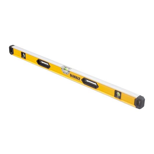 A DEWALT yellow and silver spirit level with three bubble vials and two black hand grips, designed for measuring straightness and leveling surfaces.
