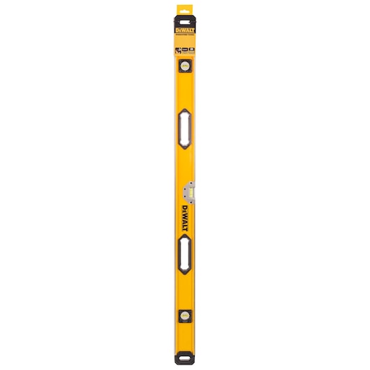 A long yellow DEWALT spirit level with three bubble vials and black handles, shown vertically against a white background.