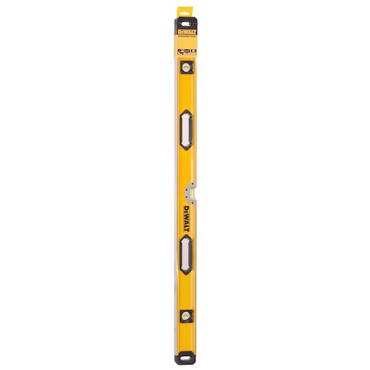 A yellow DEWALT spirit level with two handles and three bubble vials, designed for precise measurements in construction and carpentry.